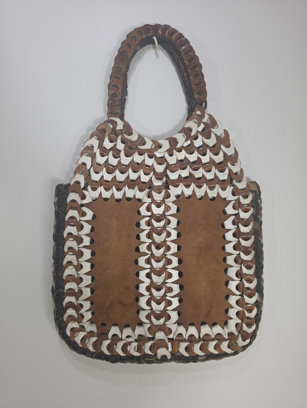Handwoven Brown and White Leather Shoulder Bag